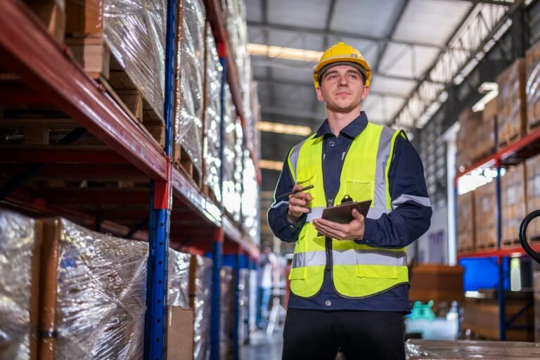 Industry warehouse worker holding document with conversation details and checking goods supplies on